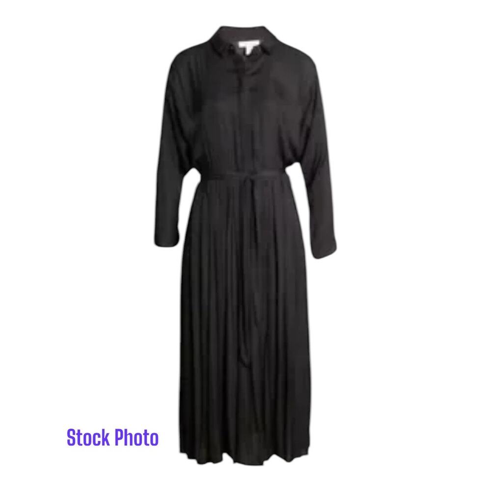 TOPSHOP Black Satin Pleated Elastic Waist Long Sleeve Shirt Dress NO BELT Size 6